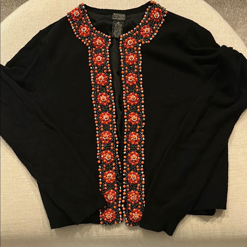 Black Cardigan with red, coral, black and silver Beaded Embellishments.